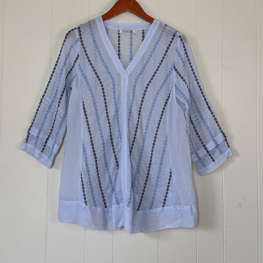 Womens Embroidered V-Neck Tunic Top Blue‎ 3/4 Sleeve Boho Coastal Beachy